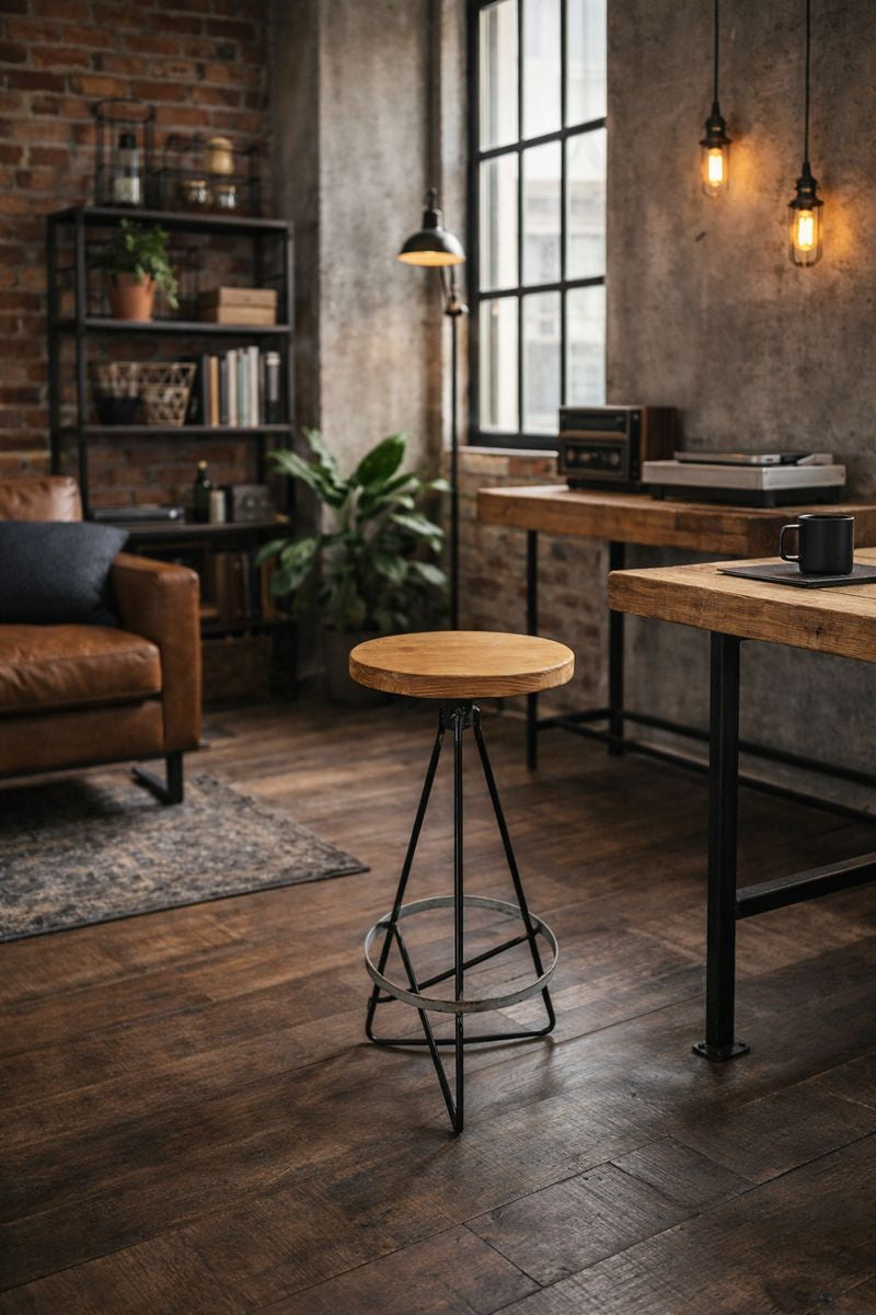 Sgabello in metallo artigianale con seduta in legno rotonda