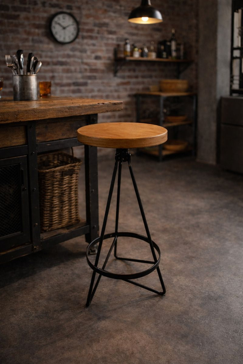 Sgabello in metallo artigianale con seduta in legno rotonda